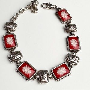 Brighton Water Lily Red White Bracelet Flower Silver Toned Rectangle Link
